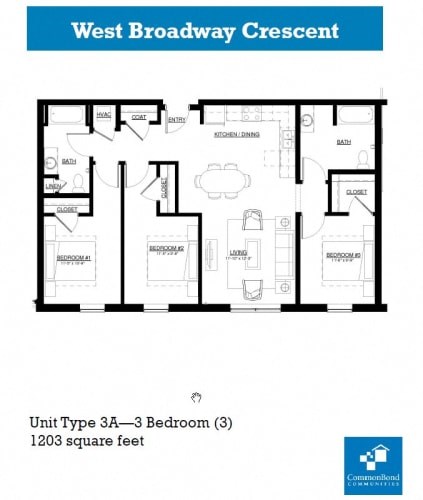 A floor plan for a 3 bedroom apartment at West Broadway Crescent.